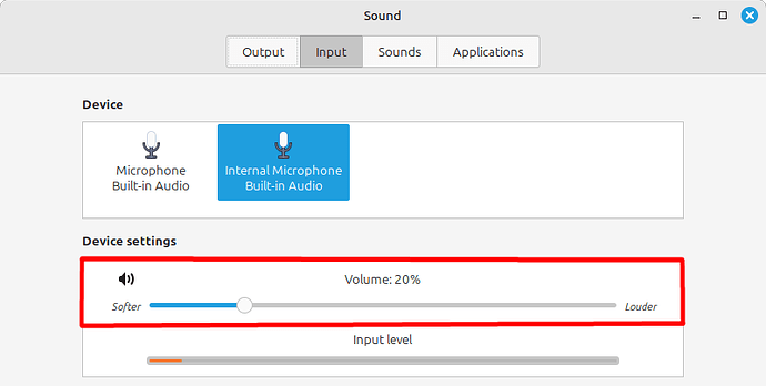 Sound, Input, Volume: 20%